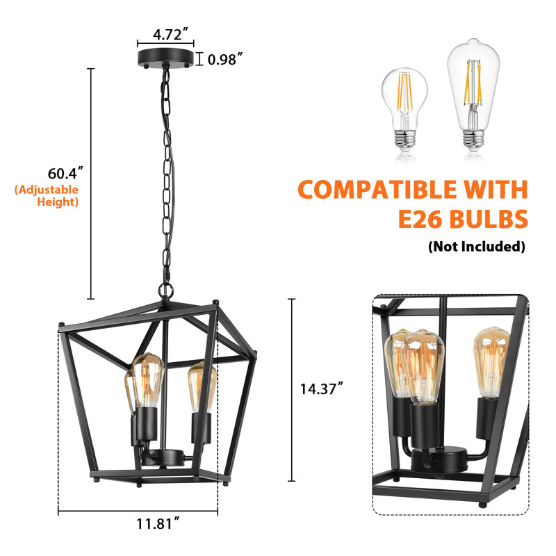 Luminaire suspendu noir de style lanterne de style campagnard à 3 lumières avec cage en métal, base industrielle E26 à hauteur réglable