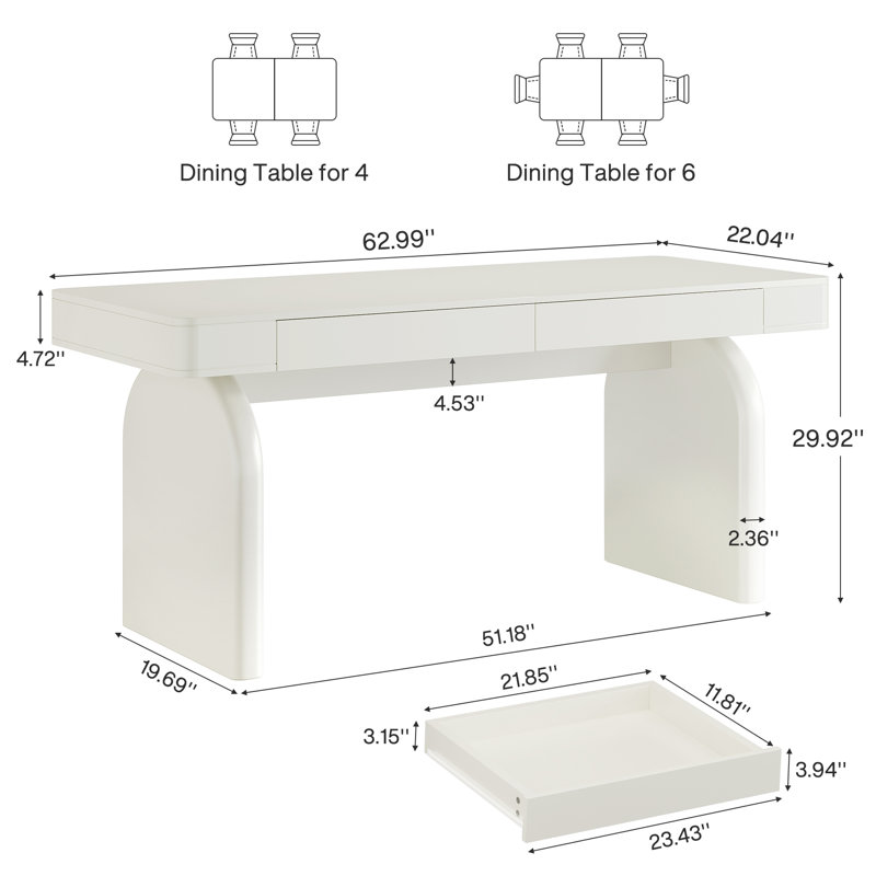 Table de salle à manger 63 "moderne blanche 63" pour 4-6, table de cuisine rectangulaire élégante avec 2 tiroirs