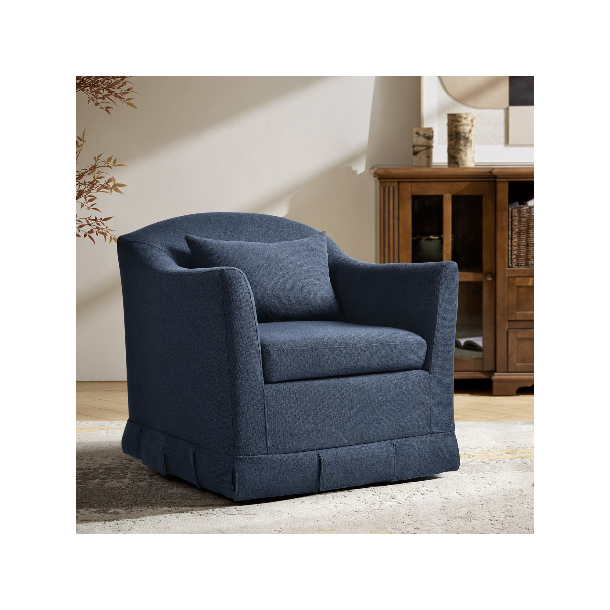 Electra Modern Farmhouse Slipcovered Swivel Armchair, Navy Polyester