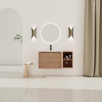 40'' Wall-Mounted Bathroom Vanity With White Ceramic Sink And Storage Shelves & 1-Soft-Close Door