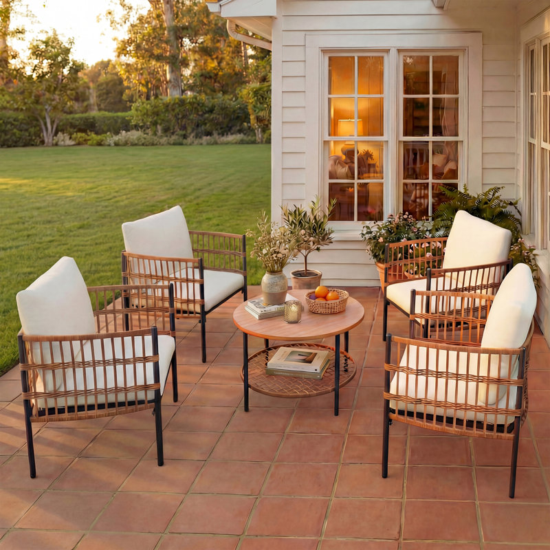 Ensemble de conversation pour 4 personnes avec chaises en corde tissée et table d'appoint