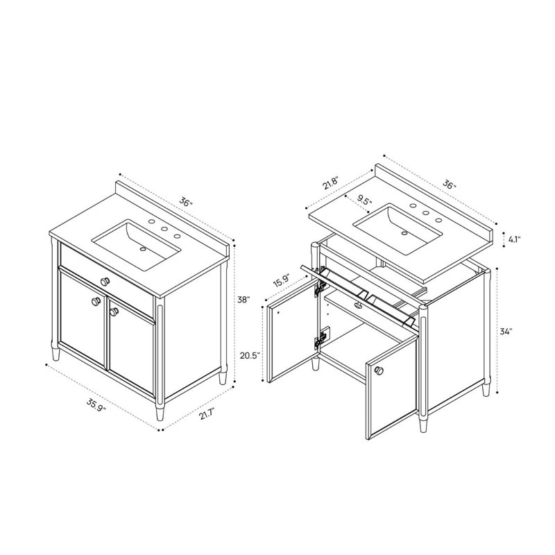 TileBar Studio Vanities Ashford Vanity with Top, 36" W, Carrara Marble