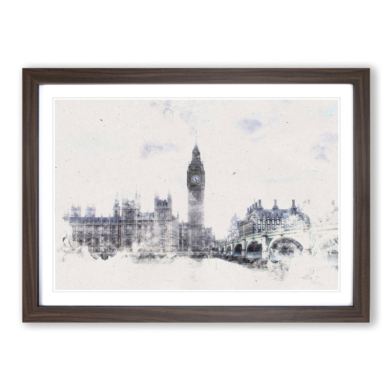 The Houses Of Parliament London Watercolour - Single Picture Frame Print on MDF, 40cm H x 60cm W x 2cm D, Walnut Framed