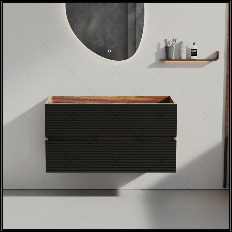 Meuble-lavabo Grace de 36 po en noyer avec tiroirs noirs doux, armoire flottante murale pour salle de bain moderne