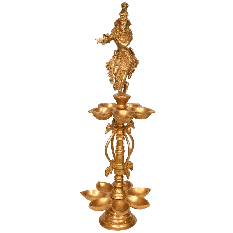 Lampe à huile en laiton fabriquée à la main de 21,8 po à douze mèches Krishna - support rituel multi-mèches (11 lb)