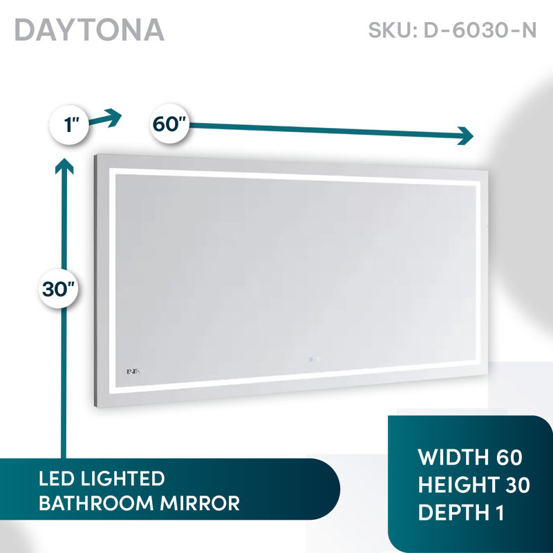Daytona LED Wall-Mount Mirror for Bathroom with 3 Color Lighting, Touch Control, Dimmer and Defogger, Digital Clock.