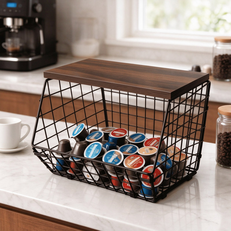 Coffee Bar Organizer with Shelf for K Cup and Espresso Pods, Wire Coffee Station Organizer for Countertop, Hanging Basket for Kitchen Storage