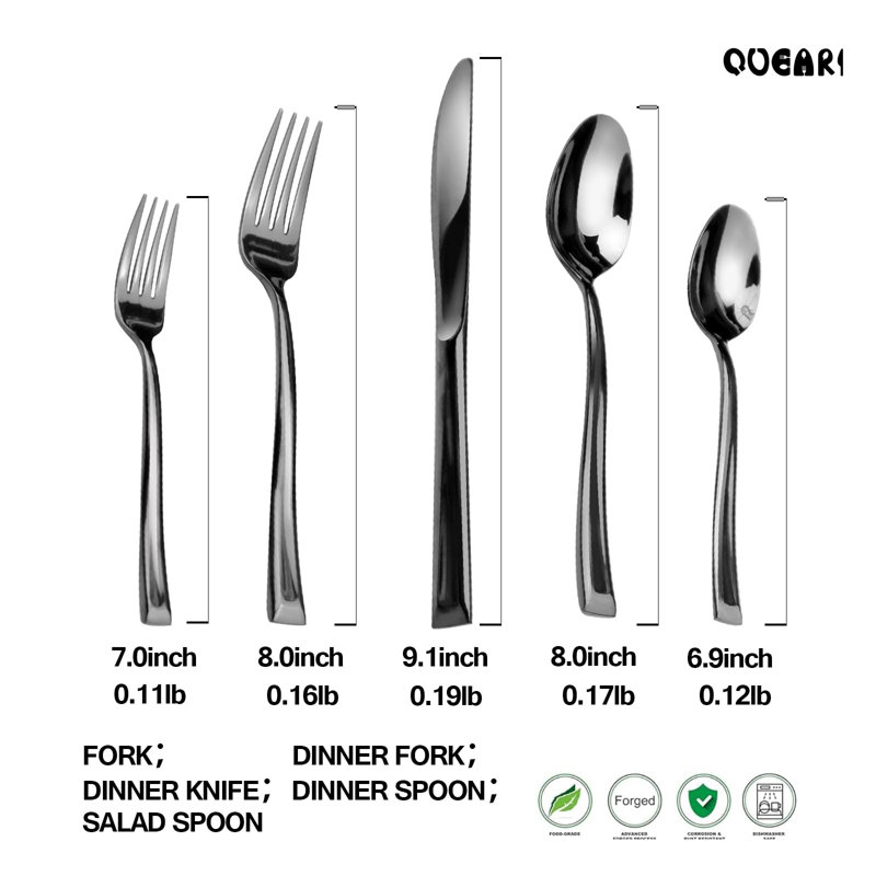 Ensemble de couverts 20 pièces en acier inoxydable, finition noire miroir, forgé, résistant à la rouille, facile à tenir, poignée biseautée moderne pour un usage quotidien, les fêtes, les mariages et les cadeaux