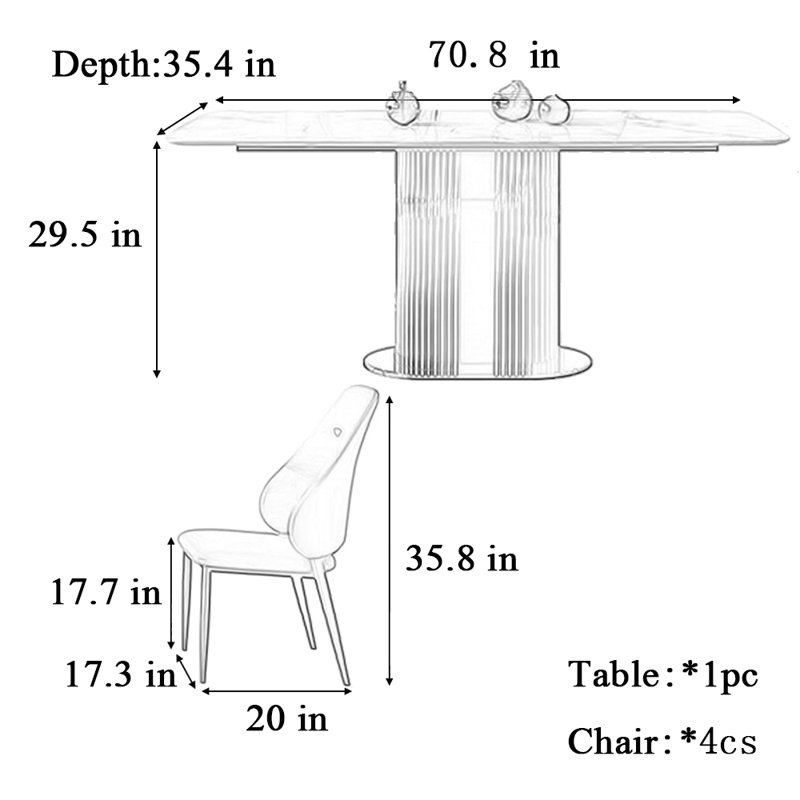 High-end bright rectangular dining table and chair, 29.5"H x 70.8"L x 35.4"W