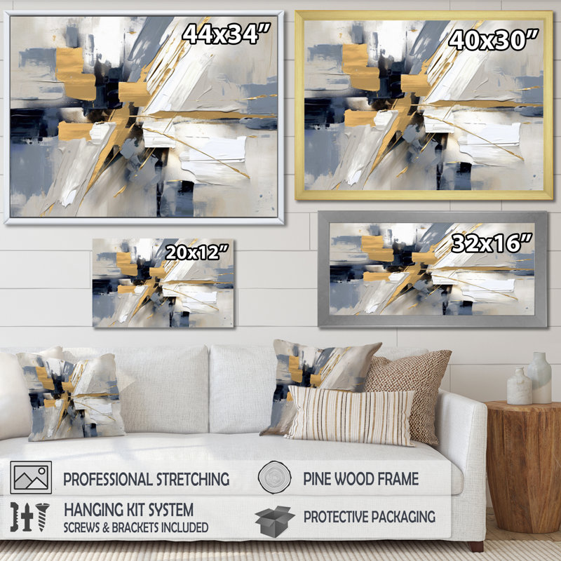 «Grey and Gold Transcendent Impressions I», art sur toile à formes abstraites, Cadre simple noir, H 16 po x l 32 po x P 1 po