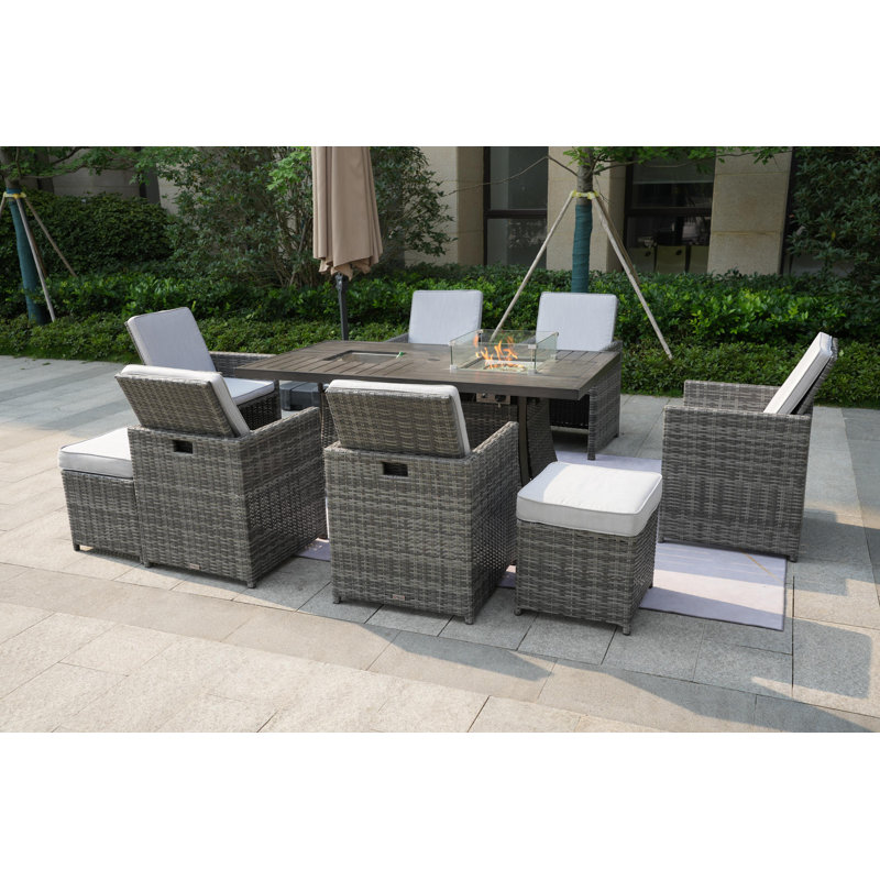 Karen Rectangular 8 - Person 71" Long Fire Pit Table Dining Set With Cushions