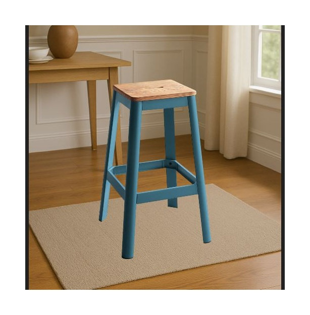 Tabouret de bar décontracté bleu sarcelle avec assise carrée en bois et structure en métal