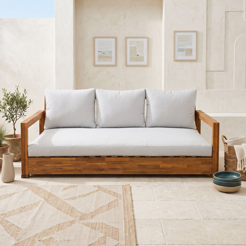 Canapé d'extérieur moderne avec 3 places, housses résistantes à l'eau et coussin, Teck