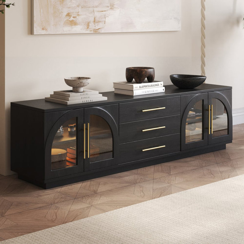 Arune 72" Arched Glass Doors TV Stand With Storage And LED, Black