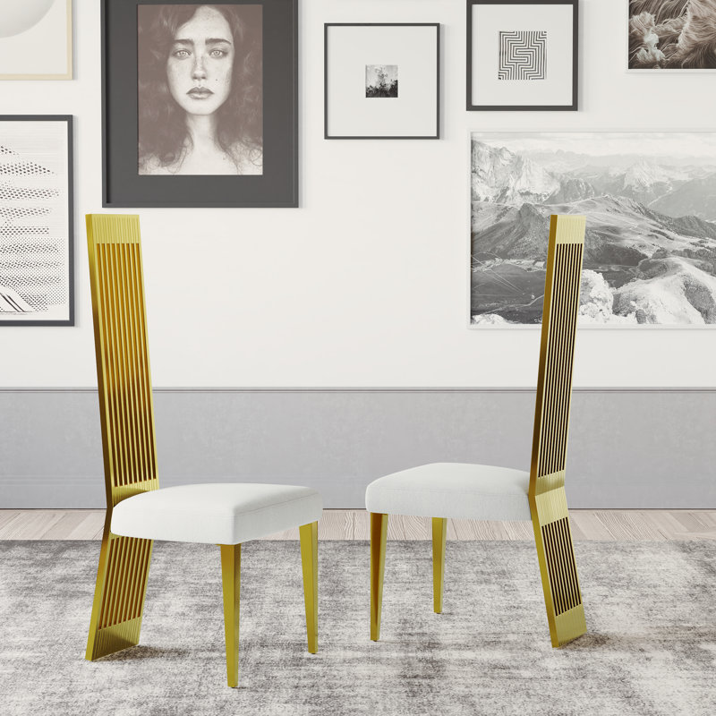 Boucle Upholstered Chairs With Glam High Stainless Steel Back And Legs, Brushed Gold