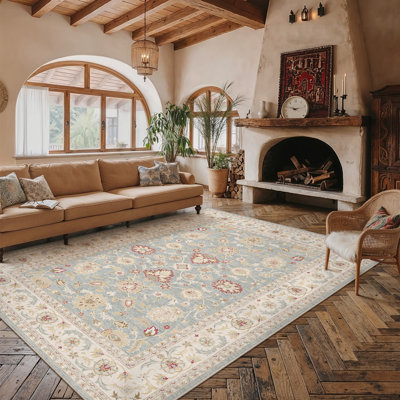 Luna Beige/Blue Machine Washable Oriental Area Rug