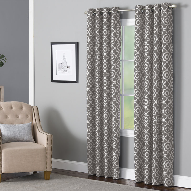 Ralon Polyester / Linen Light-Filtering Geometric Print Curtain Panel with Grommet Top, 50" x 95", Charcoal/Cream