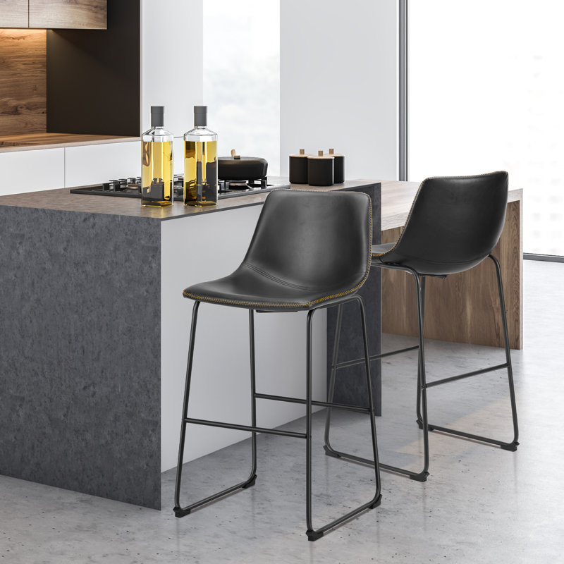 Modern Upholstered Dining Stool, Black, 2 Pieces, Bar Stool (29" Seat Height)