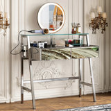 33.9" Mirrored Makeup Vanity Desk With Mirror And Lights, Mirrored Console Vanity Table With 2 Big Drawers & Open Shelf, Dressing Table With Charging Station For Bedroom, Silver