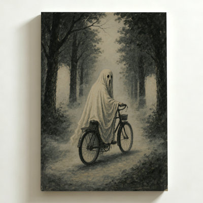 Tableau d'Halloween sur toile 40 x 60 cm (16 x 24 pouces) représentant un fantôme à vélo dans une forêt brumeuse. Impression sur toile, style peinture à l'huile. Décoration murale moderne pour chambre, salon et bureau.