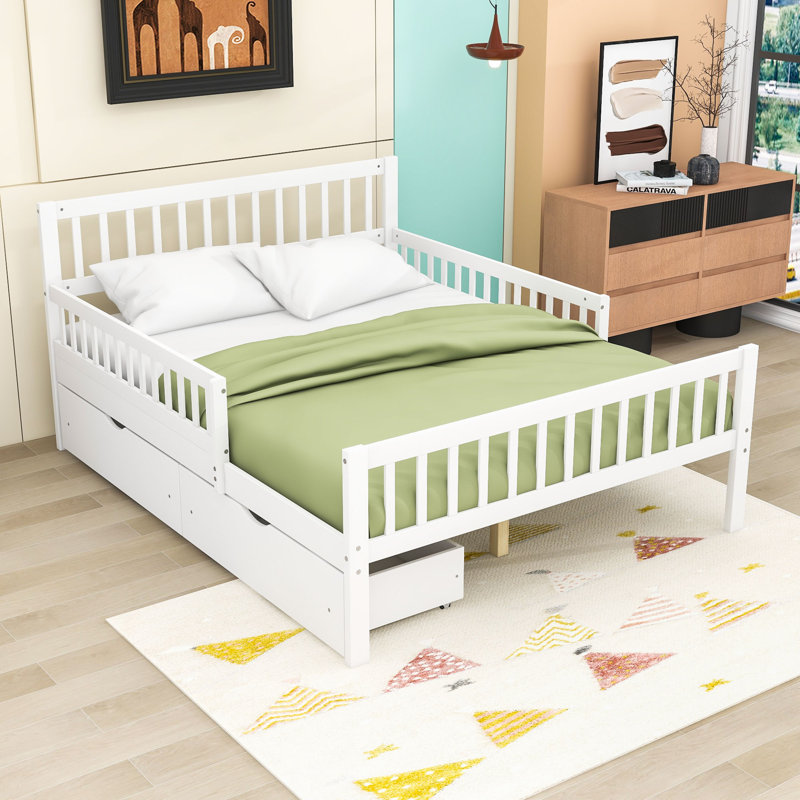 Lit plateforme en bois avec tête de lit, garde-corps et tiroirs de rangement Idahlia, Double, Blanc