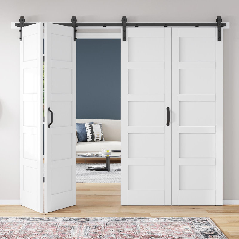 Porte de grange pliante en bois manufacturé à 5 panneaux avec trousse de quincaillerie d'installation, 84 po x 84 po, 4