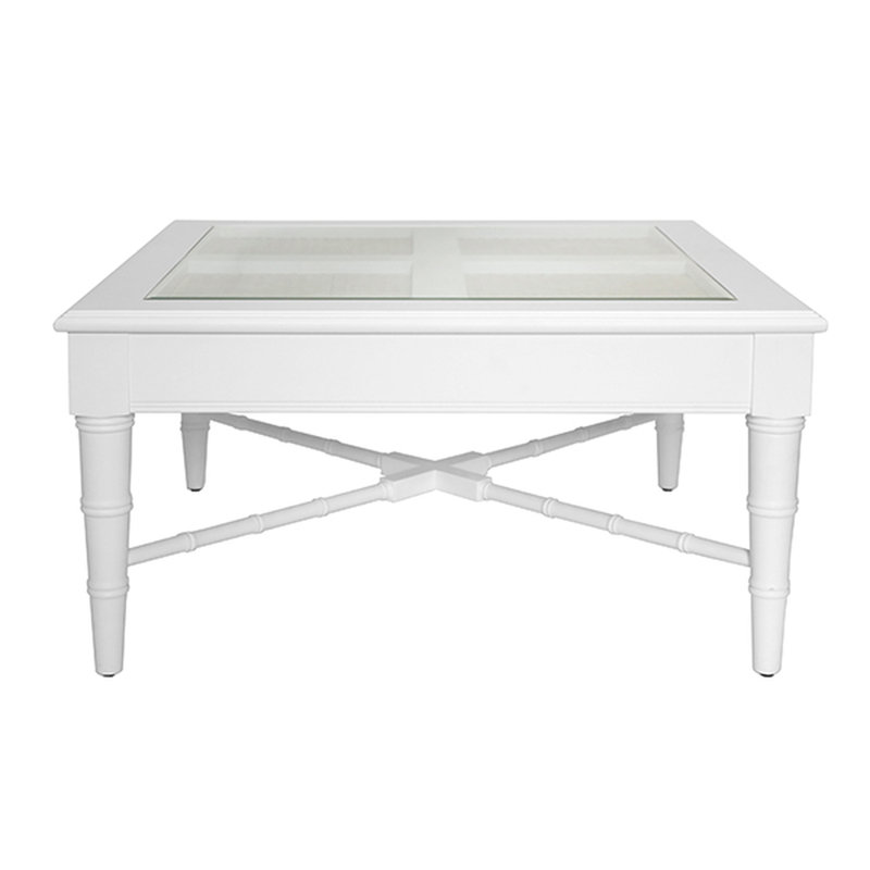 Modern Square Clear Glass Top Coffee Table with White Wood Base