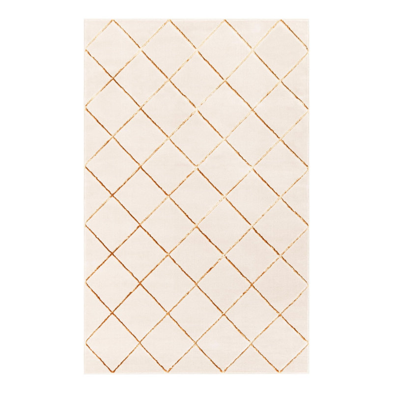 Latitude Run® Checks Nikica Rug White and Gold, Rectangle 5'3" x 8'