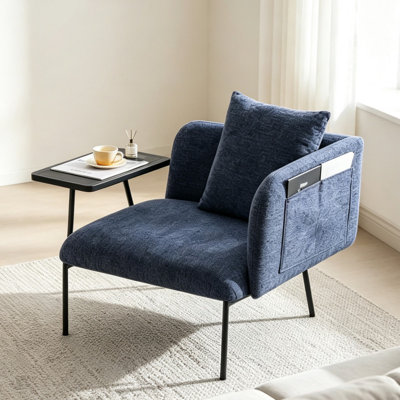 Chaise d'appoint de loisir rembourrée bleu marine avec poche latérale, coussin de dossier et table d'appoint, canapé simple en fer pour salon, chambre à coucher