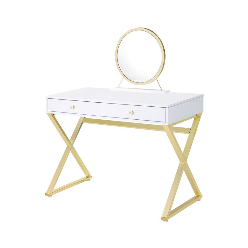 White & Gold Vanity Desk With Rectangular Organization, Crystal Handle, Metal Frame, Included Mirror Jewelry Tray, 2/3 Drawer Extension 2 Drawers