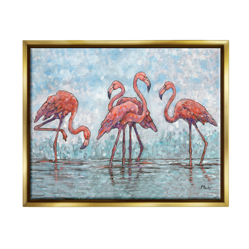 Flamants roses dans le style impressionniste de la lagune - Peinture sur toile à cadre flottant, H 17 po x l 21 po x P 1,7 po