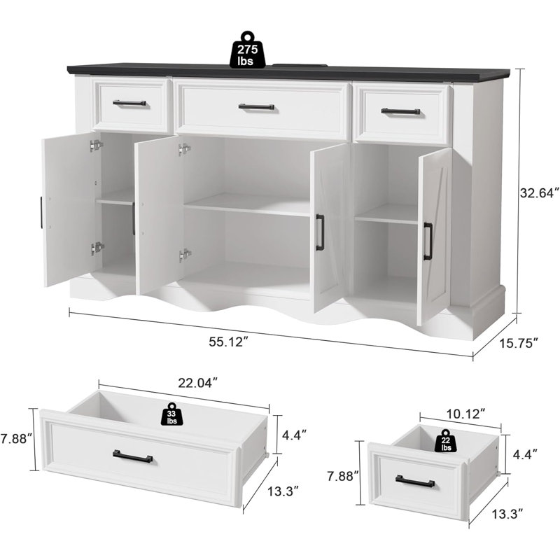 56" Wide 3 Drawer Sideboard Buffet, Farmhouse 4 Doors Credenza Storage Cabinets with Adjustable Shelves, White