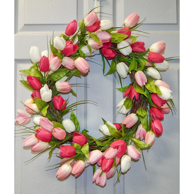 Couronne luxueuse en polysilk fleur de tulipe, Pêche, H 24 po x l 24 po x P 6 po