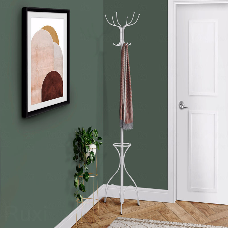 Portemanteau, portemanteau avec support de rangement autoportant, avec 12 crochets, pour entrée, Blanc