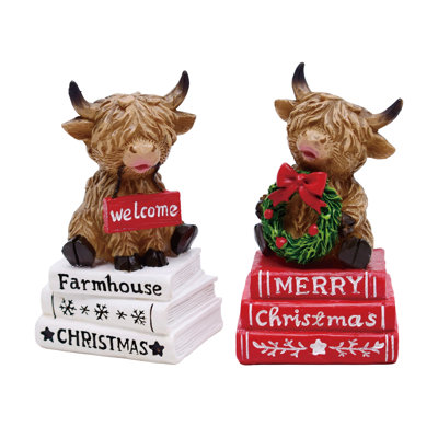 Resin Highland Cows Boxed Set of 2, Figurines, Brown, Resin, Tabletop, Living Room, Christmas, Christmas Decoration