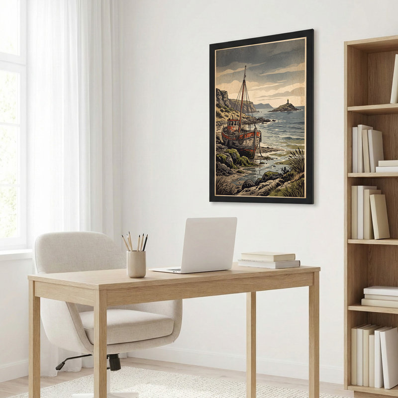Art sur toile, bateau en bois orange gris sur une côte rocheuse près du phare, H 36 po x l 24 po