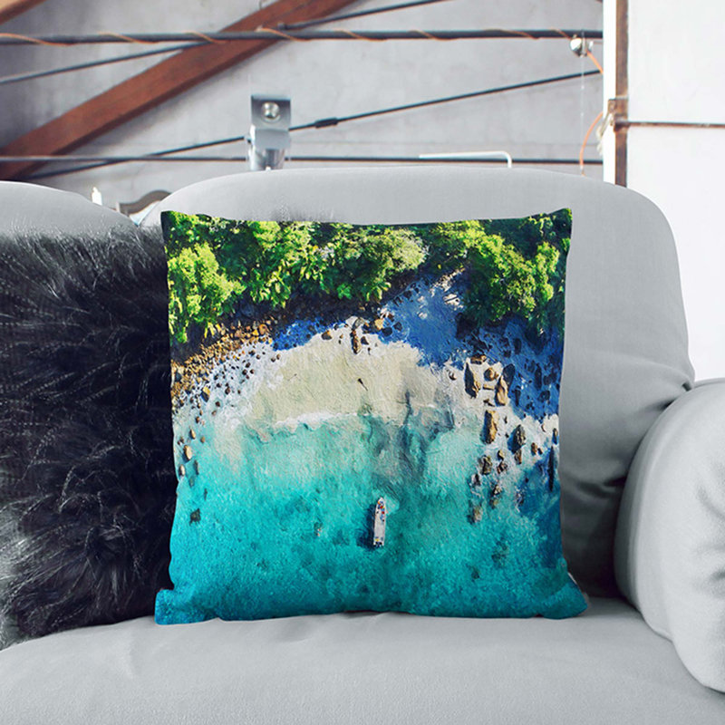 Boat By A Beach In The Seychelles Square Throw Cushion, White, 55cm H x 55cm W x 20cm D