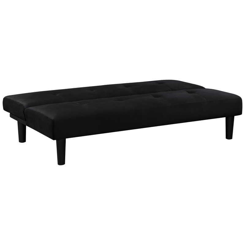 Lit convertible noir sans accoudoirs avec un revêtement lisse, un support fiable et un siège à ressorts sinueux à l'esthétique contemporaine, coussins, confort pour les invités qui passent la nuit