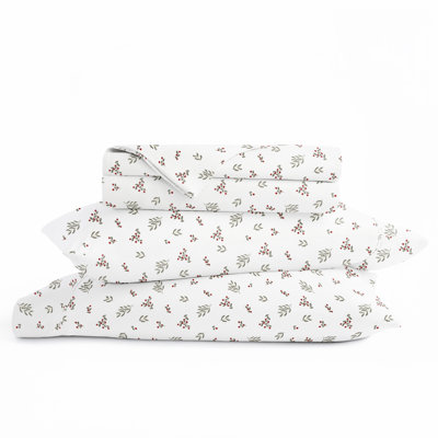 Ensemble de draps des Fêtes, motif de Noël baies d'hiver, literie pour très grand lit