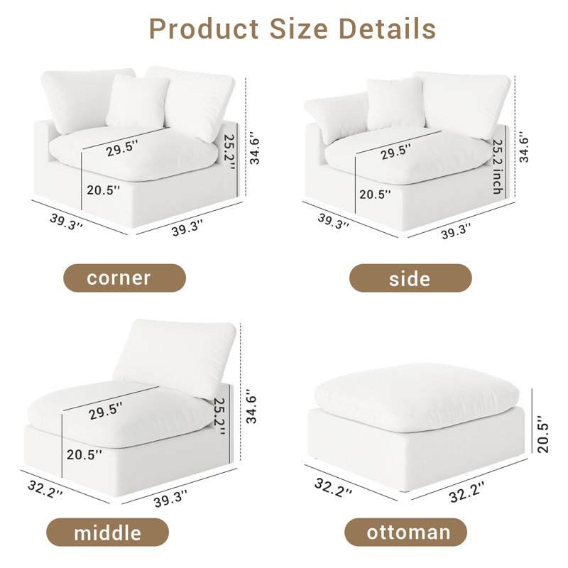 Upholstered 5 - Pieces Cloud Sofa, Modular Sectional Sofa with Removable Cover for Living Room, Bedroom, White