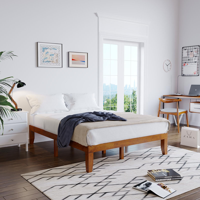 Base de lit plateforme en bois massif 14 pouces, Noyer, Grand lit