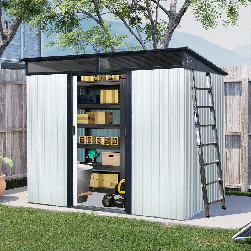 8 X 6 Ft Outdoor Metal Storage With Sliding Doors - Streamline Garden, Lawn Spacious 8Ft 6Ft Maximize Space, White/Black