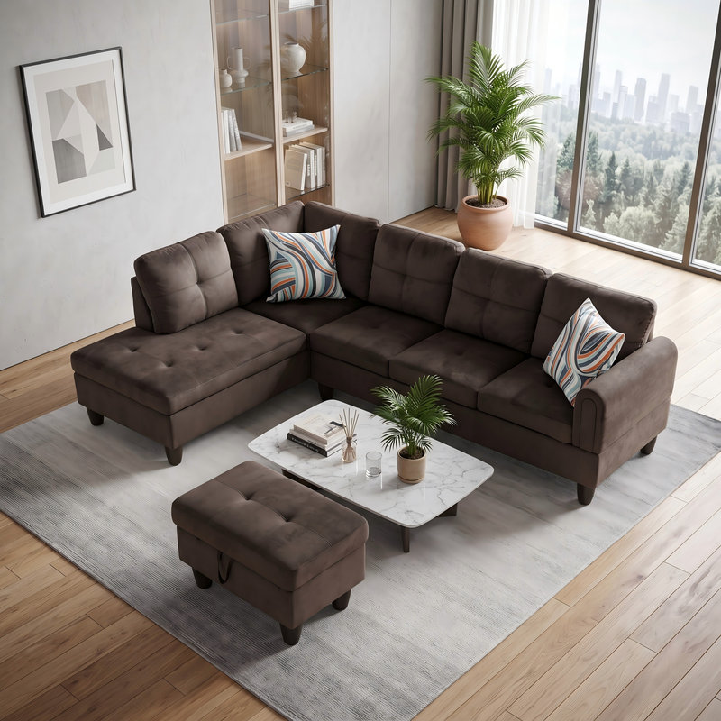 Canapé modulaire rembourré réversible avec repose-pieds, Flanelle brun foncé, Orienté vers la gauche