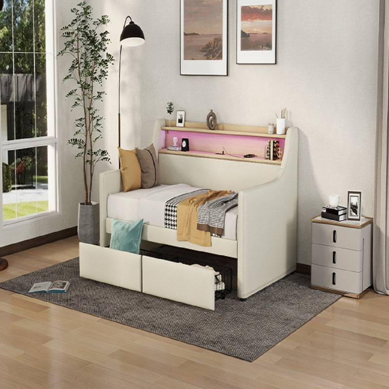 Lit de jour simple avec canapé-lit de rangement, lit de jour en cuir avec bandes lumineuses à DEL, tablettes, prises de courant, tiroirs de rangement