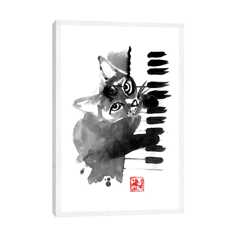 Pianist Cat by Péchane - Print on Canvas, White Framed, 152.5 cm H x 101.5 cm W