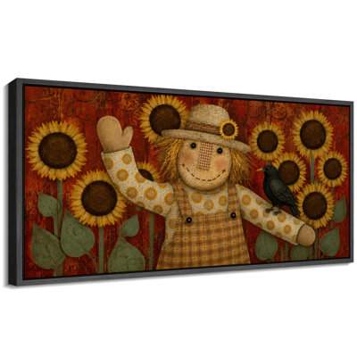 Tournesol épouvantail Folk Art Fall Harvest Wall Decor - grande toile encadrée chambre principale, reproduction d'art