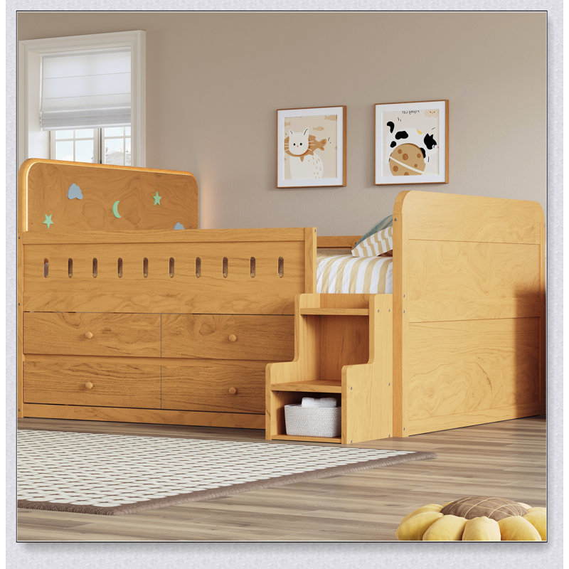 Wooden Bed With LED Light, Storage Drawers,, Wood