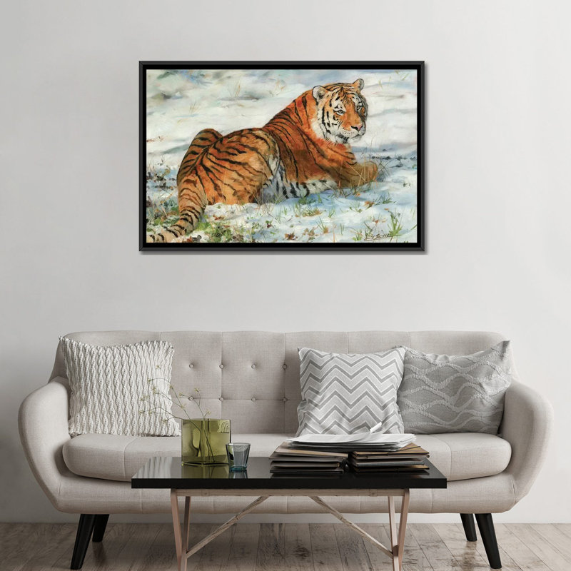 «Tiger in Snow», impression sur toile, H 18 po x l 26 po x P 1,5 po, Toile avec cadre noir, Pas de tapis