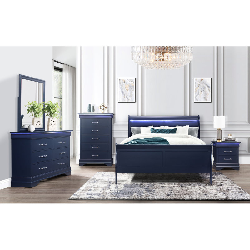 Blue Spacious Nightstand With Led - Transitional Look 2 Spacious, Solid &