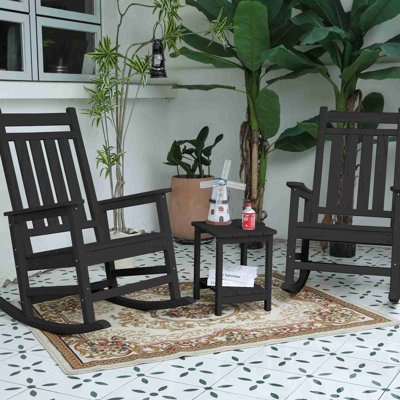 All Weather Rocking Chair Set with Side Table, 3-Piece Rocking Chair Set with Wood-Texture , (includes 2 Rocking Chairs and 1 Table)